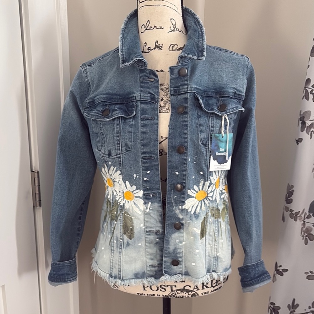 Hand painted , bleached and frayed daisies jacket
